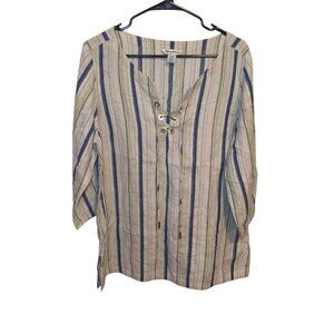 TOMMY BAHAMA Women's L Multicolor Metallic Striped Linen Blend Lace Up Tunic Top